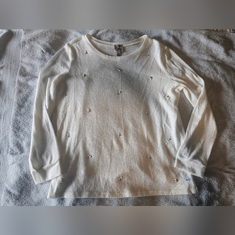 Como Vintage Pearl Embellished Ivory Sweater Petite Medium Soft Knit PM